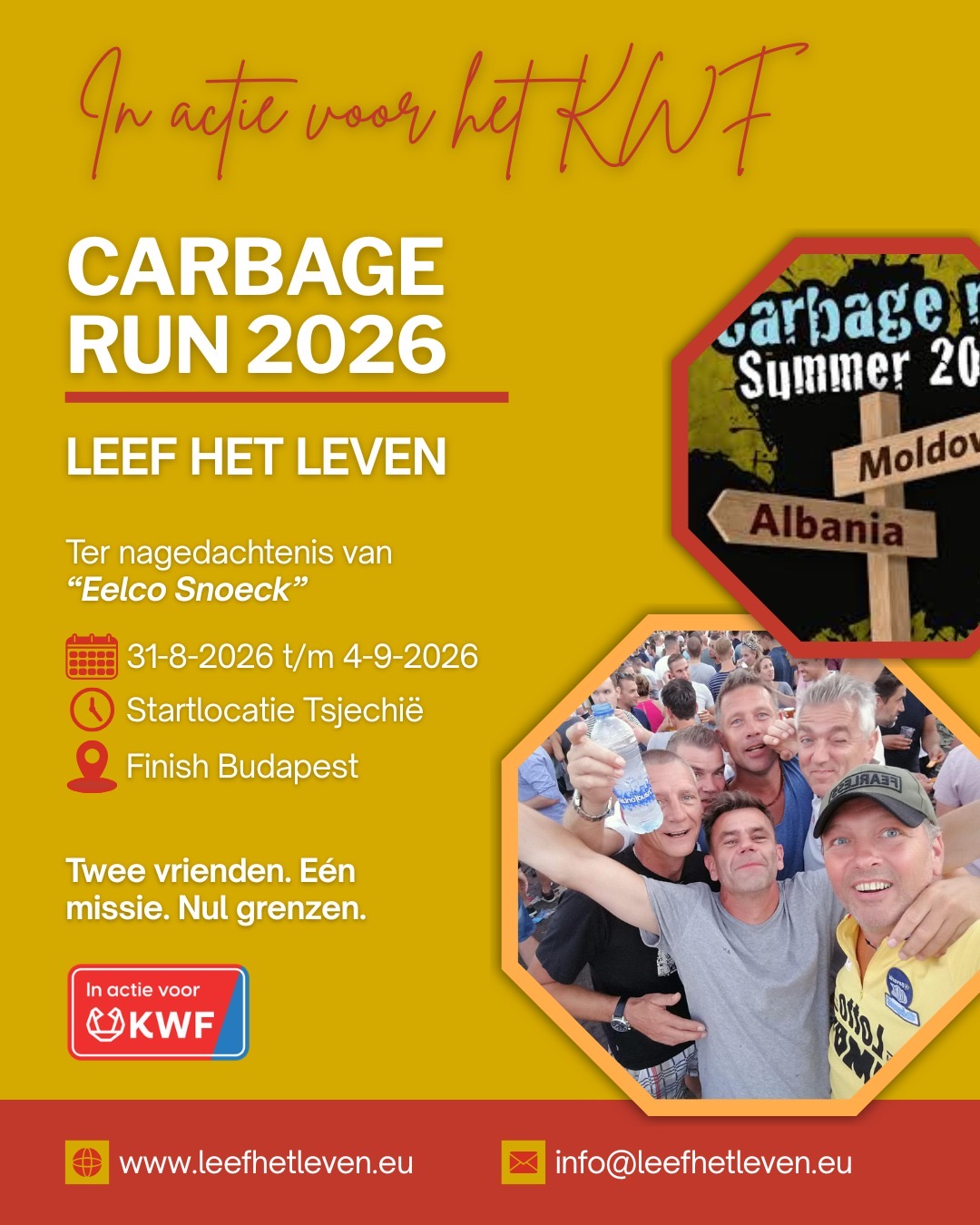 Twee vrienden. Eén missie. Nul grenzen.

 👉 https://leefhetleven.eu/

Dat is waar wij voor staan.
Maar dit kunnen we niet alleen.

Help jij mee?
 
Sponsor ons. Doneer wat je kunt missen. Groot of klein – elke bijdrage telt. Samen zorgen we ervoor dat deze rit door Moldova meer wordt dan een avontuur. Samen maken we er een krachtig gebaar van. Een statement. Een steun in de rug voor levensreddend onderzoek.

Alles wat wij ophalen wordt volledig gedoneerd aan KWF.

Wil je meer weten over onze actie en het avontuur dat voor ons ligt?

 Bekijk onze actiepagina:

 👉 https://leefhetleven.eu/

Doneer. Deel. Steun.
Voor Eelco.
Voor hoop.
Voor de toekomst. 💛